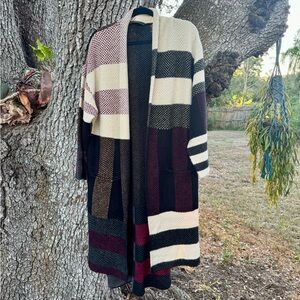 Maxsport-brown+cream Slouchy Blanket longline open front cardigan.Size Large